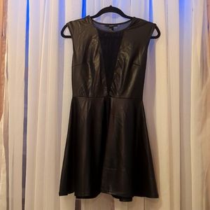 Black leather looking deep v-neck skater dress